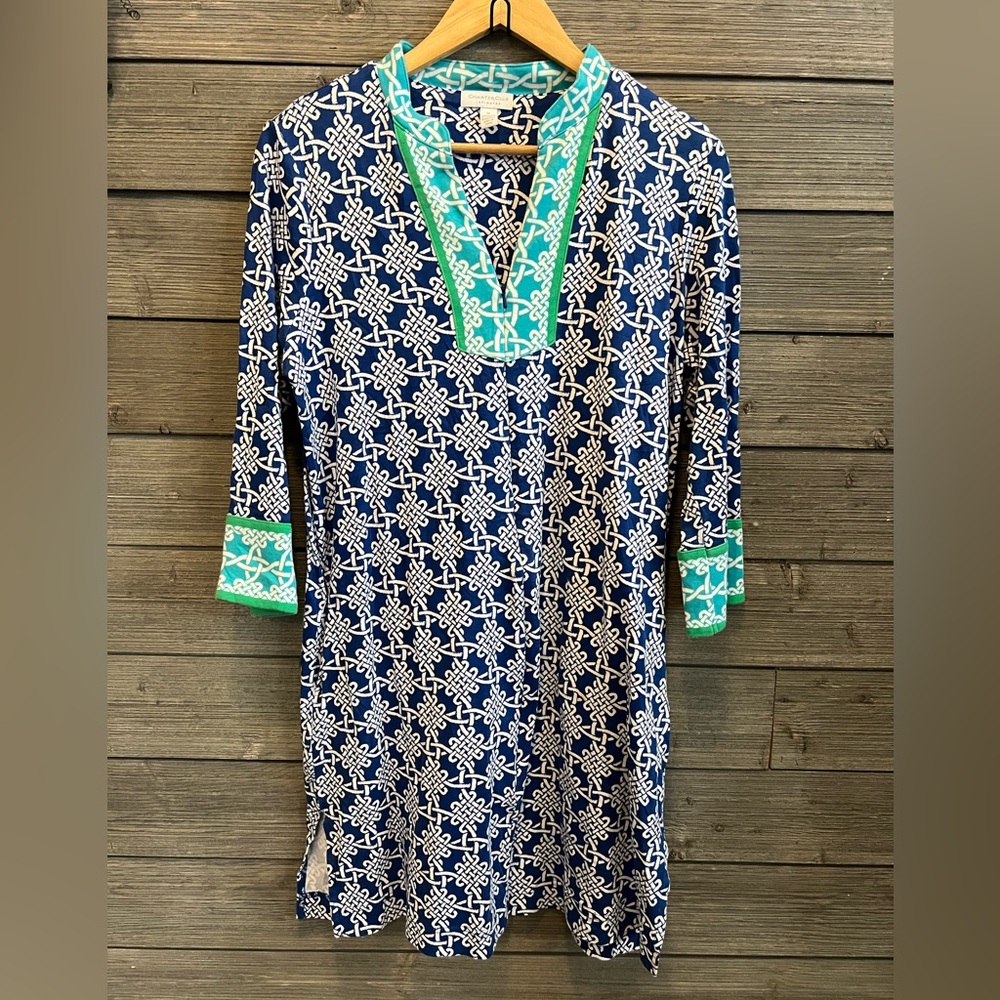 Charter Club Geometric Turquoise & White Dress with Green Highlights